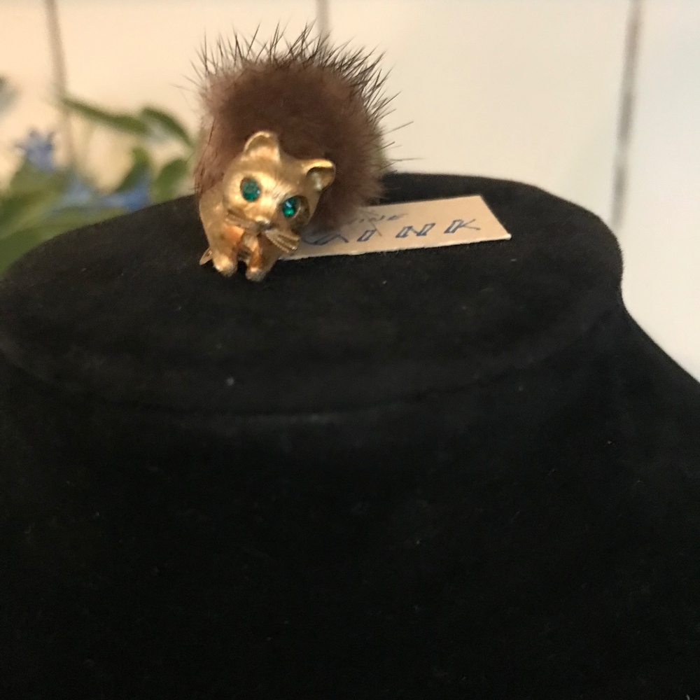 Vintage Gold Tone Cat / Kitten Pin / Brooch Genuine Mink Fur Moveable Tail  2.5”